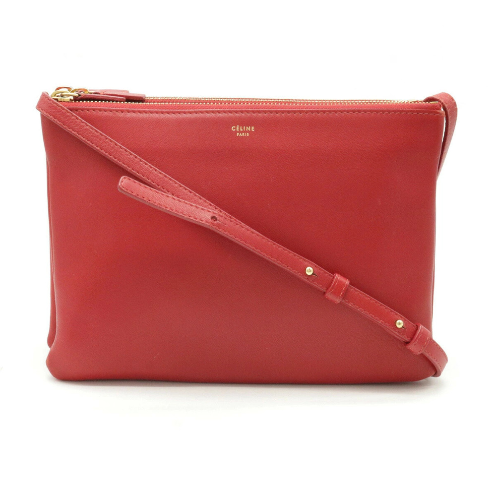 Celine Trio Crossbody Bag Pouch Clutch Lambskin Leather Red